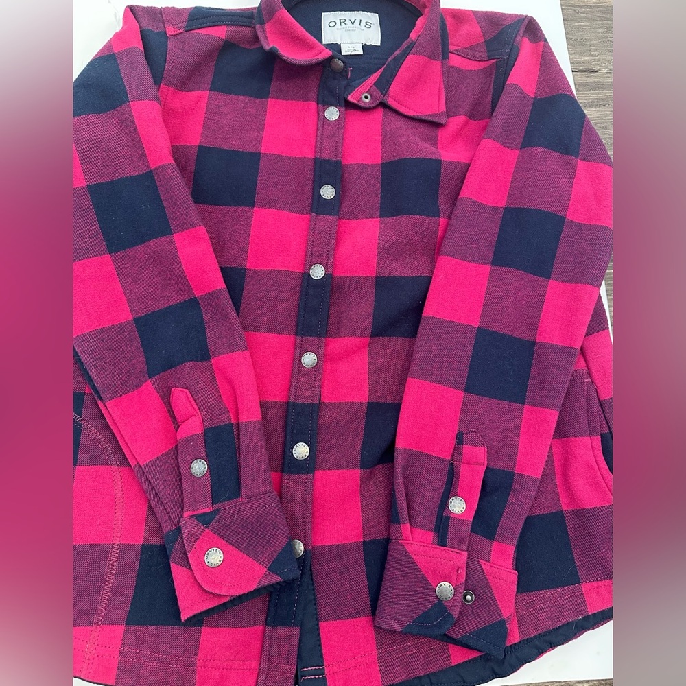 Orvis size Large Shirt Pink Black FlannelSnap Button Fleece Lined Shacket